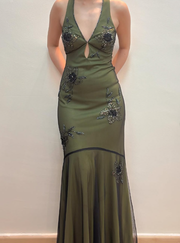 Vintage Mermaid V Neck Beaded Green Chiffon Satin Prom Dress Evening Dress HZ1023